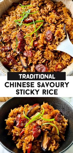 traditional chinese savory sticky rice recipe in a skillet with the title above it