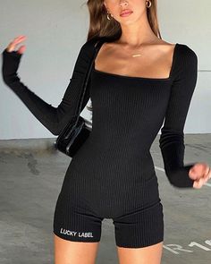 Long-sleeved Square-collar Backless Romper Fitted Romper, Backless Romper, Long Sleeve Jumpsuit, Long Sleeve Bodycon, Black Romper, Sleeved Romper, Long Sleeve Romper