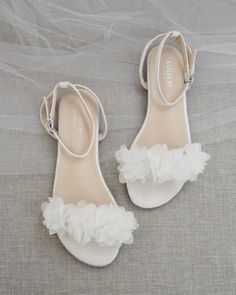 Satin Flat Sandal with Chiffon Flowers and Ankle Strap Cheap White Sandals For Women, Cheap Lace-up Sandals For Summer Party, Fitted Cheap Sandals For Party, Cheap Trendy Flat Heel Sandals, Fitted Cheap Party Sandals, Cheap White Sandals For Vacation, Cheap White Summer Sandals, Cheap White Flat Jelly Sandals, Affordable Flat Cute Sandals