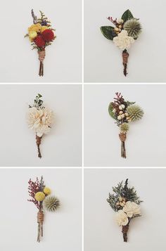 flowers are arranged on the side of a white wall, and then placed in different positions