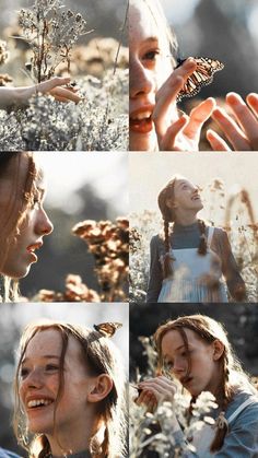 a woman holding a butterfly in her hand and looking up at it's face