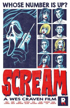 a movie poster for scream with the words scream written in red and blue on it