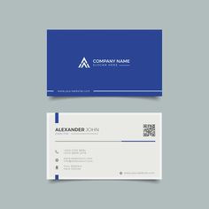 a blue and white business card