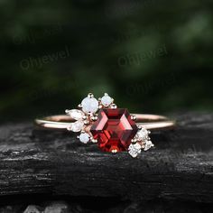 Unique Engagement Rings Red, Opal And Garnet Engagement Ring, Garnet And Opal Ring, Diamond And Garnet Engagement Ring, Garnet Ring Engagement, Edgy Necklace, Rose Gold Opal Ring, Diamond Ring For Women, Family Ring