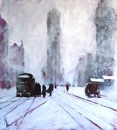 an oil painting of people walking in the snow on a city street with tall buildings