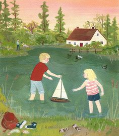 a painting of two children playing with a sailboat