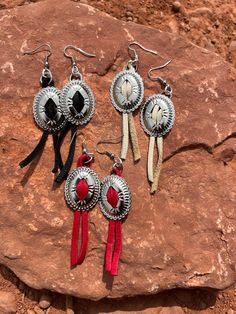 Leather Concho Fringe Earrings- 2.5" Concho 1" x 1 1/4" Concho Drop Earrings, Nickel-free Western Style Earrings, Nickel-free Adjustable Western Earrings, Adjustable Nickel-free Western Earrings, Adjustable Southwestern Teardrop Earrings, Southwestern Adjustable Teardrop Earrings, Adjustable Southwestern Style Teardrop Earrings, Concho Dangle Earrings For Gift, Nickel-free Adjustable Southwestern Earrings