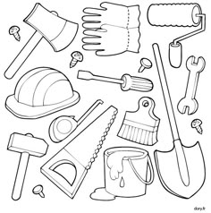 a black and white outline drawing of tools for construction posters, art prints, etc