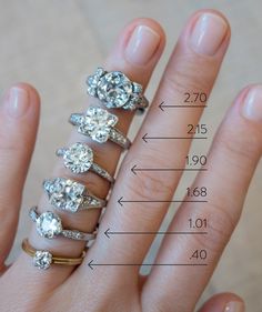 a woman's hand with five different rings on it and the measurements for each ring