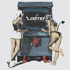 two women standing next to each other in front of a machine with the word lost written on it