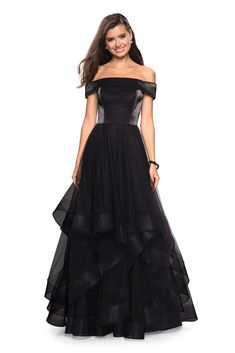 La Femme - Off-Shoulder Pleated A-Line Gown 27224 - 2 pcs Black In Siz – Couture Candy Off The Shoulder Evening Dress, Off Shoulder Ball Gown, Off Shoulder Evening Dress, Prom Dress Stores, Prom Dress Styles, Prom Style, Designer Prom Dresses, Prom Designs, A Line Gown