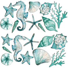 seahorses, shells and starfish are painted in aqua blue on white paper