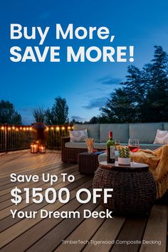 an advertisement for a patio furniture sale with the words save up to $ 150 off your dream deck