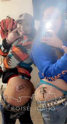 Western Tattoos On Ribs, Cute Punchy Tattoos, Above The Knee Tattoo Western, Punchy Matching Tattoos, Country Tattoos For Best Friends, Tattoo Ideas Punchy, Brooks And Dunn Tattoo, Country Tattoo Ideas For Women, Wrangler Patch Tattoo