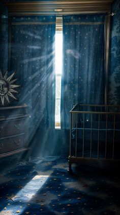 the sun shines brightly through the curtained window in this dark room with a crib and dresser