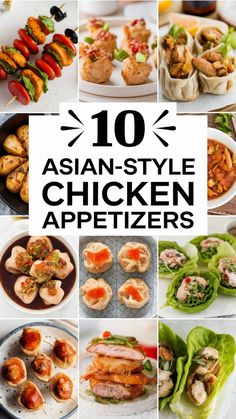 Collage of various Asian-style chicken appetizers.