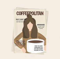 a coffee advertisement with a woman holding a cup of coffee on it's side