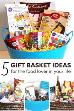 a blue bucket filled with lots of different types of food and snacks on top of a table