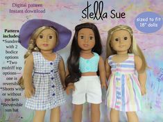 three dolls standing next to each other in front of a magazine advertisement for stella sue