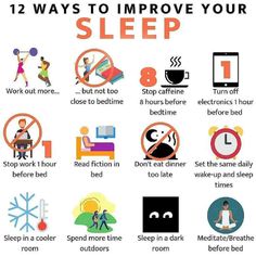 The infographic provides 12 tips to improve sleep quality. It recommends regular exercise, avoiding caffeine and electronics before bed, maintaining a consistent sleep schedule, creating a conducive sleep environment, and managing stress through relaxation techniques. Additionally, it suggests limiting work and screen time before bed, reading fiction, and avoiding late meals.#sleeptips#sleepbetter #goodnight#restfulsleep#sleephygiene#workoutbeforebed#avoidcaffeine #electronicsfreebedtime #readfictioninbed #earlydinner #consistentbedtimes#coolersleep #outdoortime#darkroom#meditationfor Fitness Guide, Ways To Sleep, Sleeping Habits, Utila, Healthy Sleep, Improve Sleep