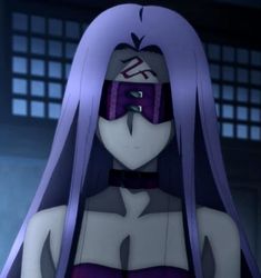 an anime character with long purple hair and goggles on her face is staring at the camera