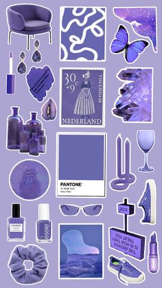 purple and white items are arranged in the shape of a collage with blue accents