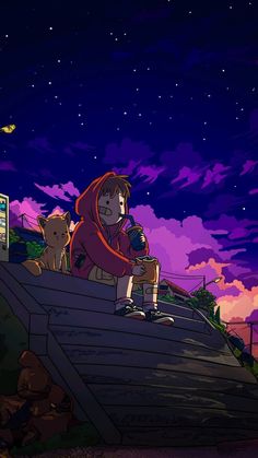 a person sitting on top of a wooden bench next to a teddy bear under a purple sky