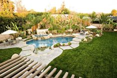 a small backyard with a pool and landscaping