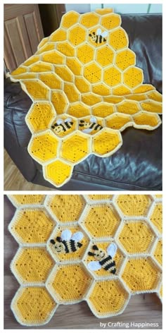 crocheted honeycomb blanket with bees on it and the same pattern as shown