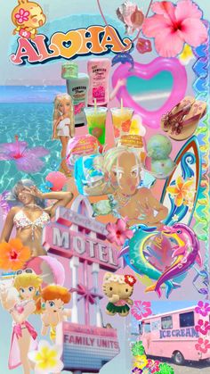 a collage of various items and the words aloha written in pink letters