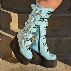 Deadstock Dollskill Sugar Thrillz Platforms Boots Size 8. Minor Flaw See Last Pic And Some Minor Scuffs, Barely Noticeable. Platforms Boots, Boots Diy, Gothic Angel, Dolls Kill Shoes, Custom Boots, Sugar Thrillz, Shoes Blue, Platform Boots, Blue Shoes