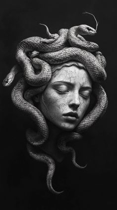 a woman's head with a snake wrapped around it