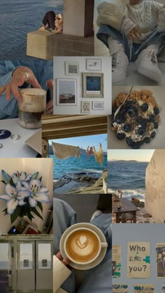 a collage of photos with coffee and pictures