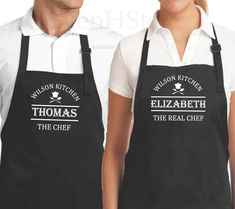 two people wearing black aprons with white writing on them and the words, william kitchen & elizabeth the real chef