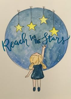 a drawing of a girl reaching up to reach for the stars