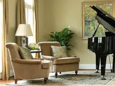 a living room filled with furniture and a grand piano