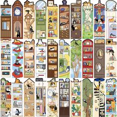 many different bookmarks with pictures of houses and animals on them, all in various colors