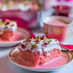 a piece of cake sitting on top of a pink plate