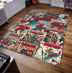 an area rug with comics on it in a room next to a radiator