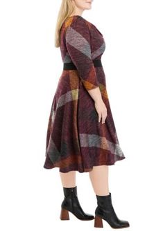 Perfectly paired with your favorite booties, this plaid dress from Julian Taylor is a fall must-have. | Julian Taylor Women's Plus Size 3/4 Sleeve Cowl Neck Belted Plaid Hacci Fit and Flare Dress, 16W Burgandy Plaid Dress, Casual Plaid Knee-length Midi Dress, Fitted Button-up Plaid Dress With Buttons, Fall Plaid Button-up Dress, Fall Button-up Plaid Dress, Fall Must Haves, Plaid Dress, Cowl Neck, Fit And Flare Dress