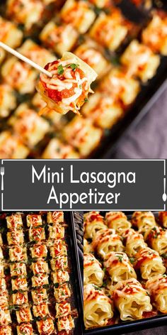 mini lasagna appetizer is being held up by a spoon with the title above it