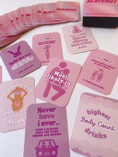 pink and purple business cards with the names of women's health care products on them