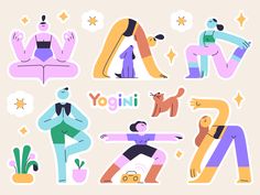 various stickers that say yogini and include people doing yoga, sitting on the couch