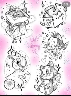 some cartoon animals with hearts and stars on the back of their heads, in black and white