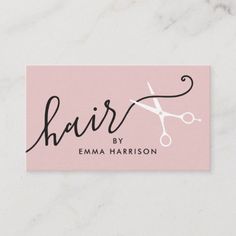 a business card for a hair stylist with scissors on the front and pink background