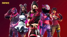 the characters from fortnite are standing in front of a red background