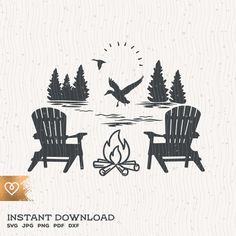 two chairs sitting next to each other in front of a campfire with birds flying over it