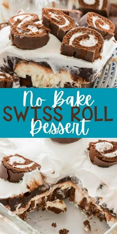 no - bake swiss roll dessert with white frosting and chocolate pieces on top