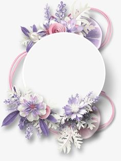 an oval frame with flowers and ribbons around it