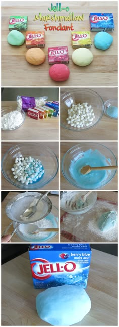 the process for making jello with marshmallows is shown in multiple pictures